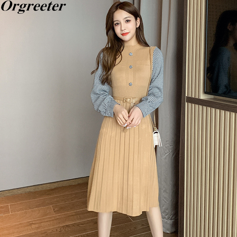 Houndstooth Stitching Knitted Dress Female Fall Winter Temperament Long sleeve Rcuhed Pleated Knee-length 210525, Khaki
Houndstooth Stitching Knitted Dress Female Fall Winter Temperament Long sleeve Rcuhed Pleated Knee-length 210525, Khaki