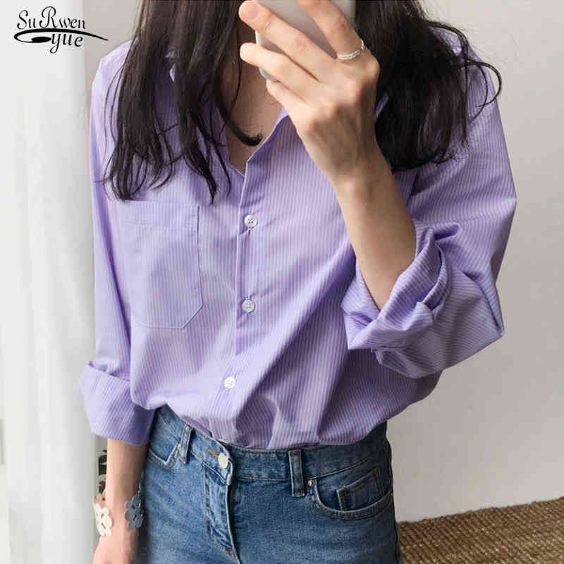 Blusas Mujer De Moda Purple Women Shirts Cardigan Long Sleeve Blouse And Tops Striped Pocket Female Ladies 7307 50 210508