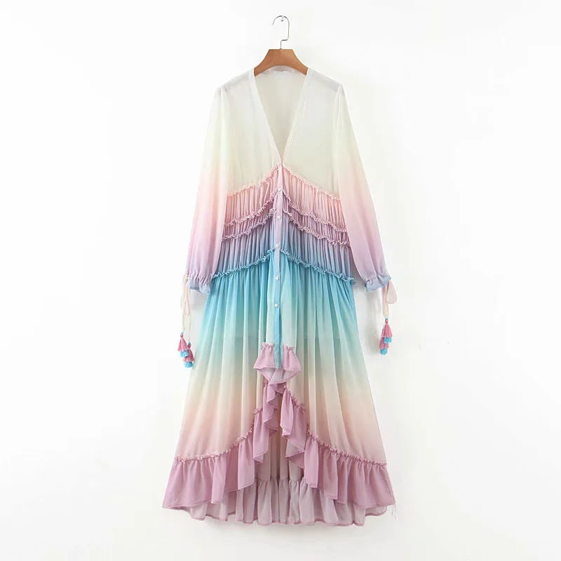 Vintage Chic Gradient Color Tassel Lace-up Cuff Maxi Chiffon Dress Women Fashion Button-up Ruffles Pleated Dresses 210520, Pic 2
Vintage Chic Gradient Color Tassel Lace-up Cuff Maxi Chiffon Dress Women Fashion Button-up Ruffles Pleated Dresses 210520, Pic 2