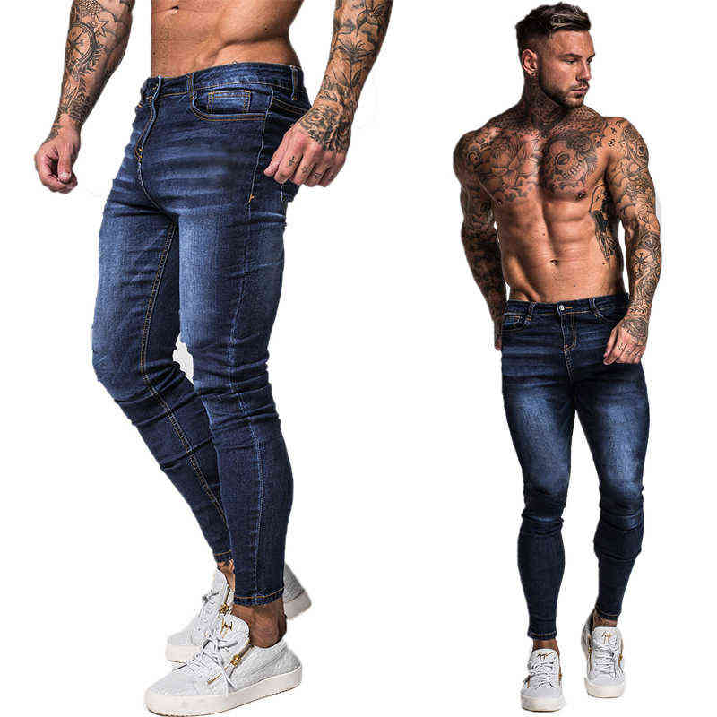 GINGTTO Jeans Men Elastic Waist Skinny Jeans Men Stretch Ripped Pants Streetwear Mens Denim Jeans Blue 211120