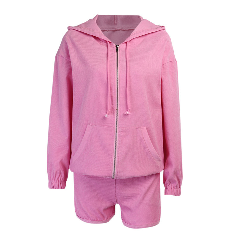 Women Sets Corduroy Hooded Long Sleeve Woman Top With Shorts Sweat Suit Set Fashion Short For Winter 210513