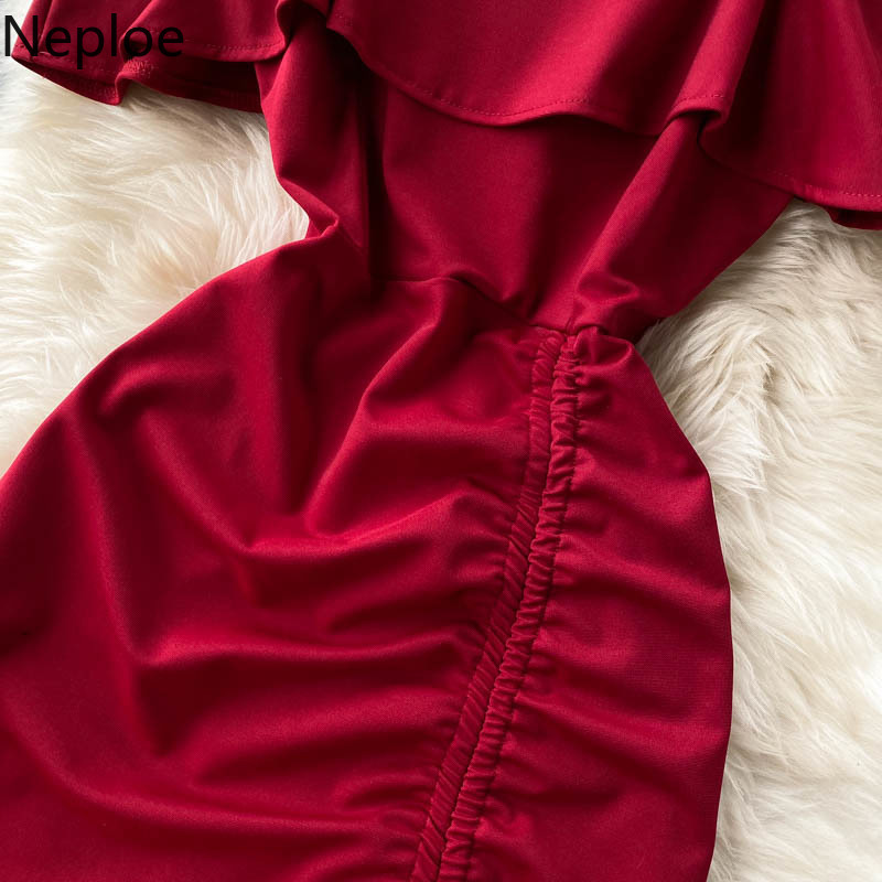 Neploe Off Shoulder Ruffle Mini Dress Women Summer Sexy Slash Neck Slim Waist Sling Dresses Bodycon Drawstring Vestidos 210422