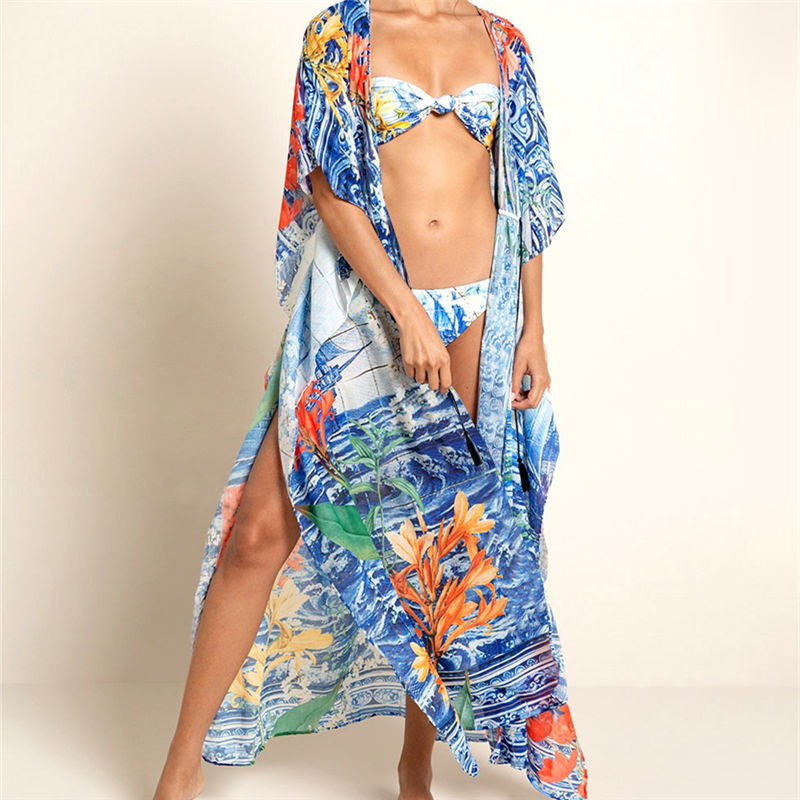 Blue Boho Printed Bikini Cover-ups Long Kimono Cardigan Cotton Tunic Plus Size Women Summer Beach Wear Swim Suit Cover Up Q1059 210420