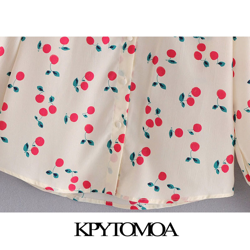Women Fashion Cherry Print Loose Blouses Long Sleeve Button-up Female Shirts Blusas Chic Tops 210420
