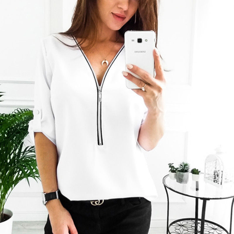 Women Zipper Short Sleeve Shirts Womens Tops And Blouses Sexy V Neck Tee Casual Female Tunic Plus Size 210428