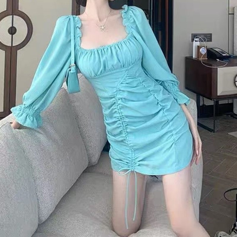 Package Hips Plain color Long sleeve Dress Elegant Women Adjust Rope Dropped Ruched Slim Short Party Dresses 210429
