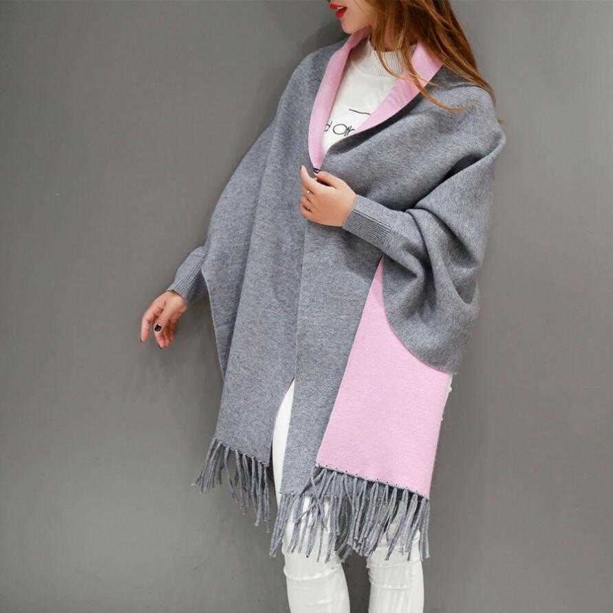 Autumn Winter Fashion Lady Tassel Knitted Shawl Sweater Women Solid Batwing Sleeve Poncho Cardigan wrap swing 211018