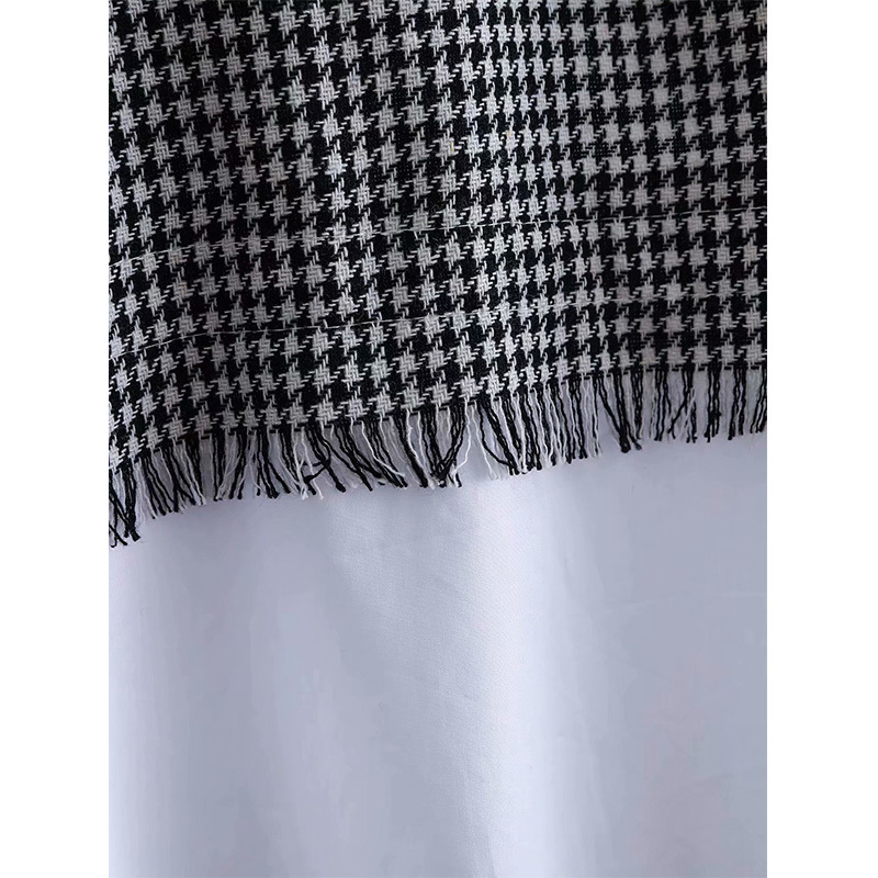 Spring Women Patchwork Tops Plaid Short Puff Sleeves Turn-Down Collar Shirt Chic Lady Fashion Casual Clothes 210517