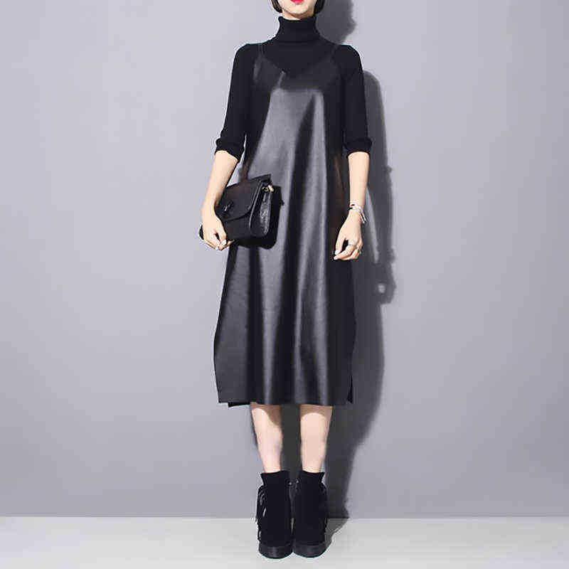 [EAM] Women Black Pu Leather Long Hem Slit Dress New V-Neck Sleeveless Loose Fit Fashion Tide Spring Autumn 2022 JO28701 G1214