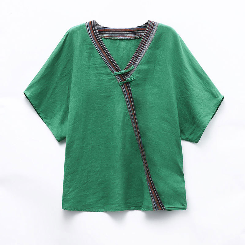 Summer Women Tshirt Plus Size Loose Batwing Sleeve V-neck Tee Shirt Femme Cotton Linen Button Vintage T Lady Tops D89 210512