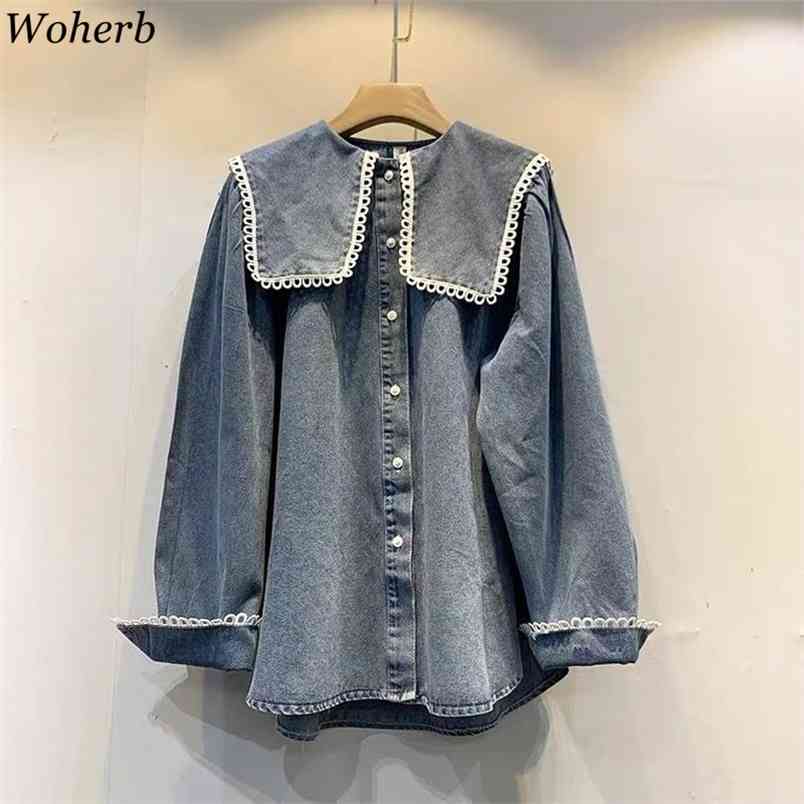 Denim Shirts for Women Spring Peter Pan Collar Long Sleeve Simple Blouse Korean Loose Elegant Oversize Jean Tops 210519