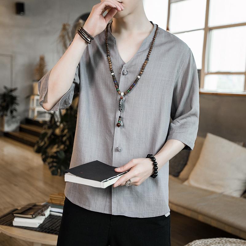 M-5XL 2021 Men Clothing Hair Stylist Fashion Street Summer Chinese Style Linen Buckle Shirt Plus Size Costumes Men's Casual Shirts