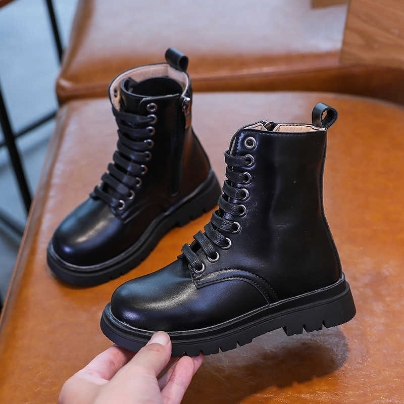 New Winter Chelsea Rain Boots for Big Kids Girl Waterproof Pu Leather Martin Boots Fashion Zipper Children High Top Rubber Boots H0828