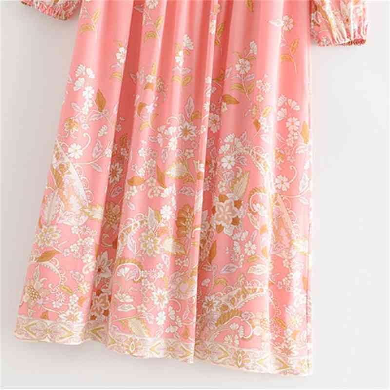 Chic Summer Vintage Floral Bow Tie Boho Long-sleeved Dress Woman Vacation V-neck Floor Beach Long Vestidos De Verano 210514