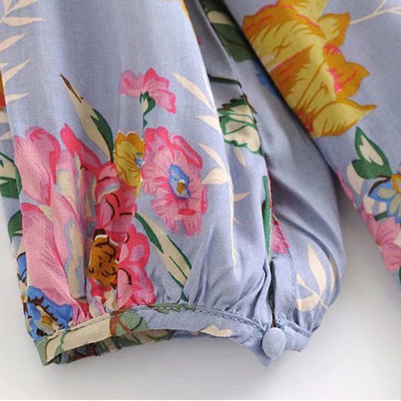 Autumn National Wind Floral Seven-point Sleeve Female Shirt Korean Version of The Loose Tie V-neck Women's Shirt Tops 210507