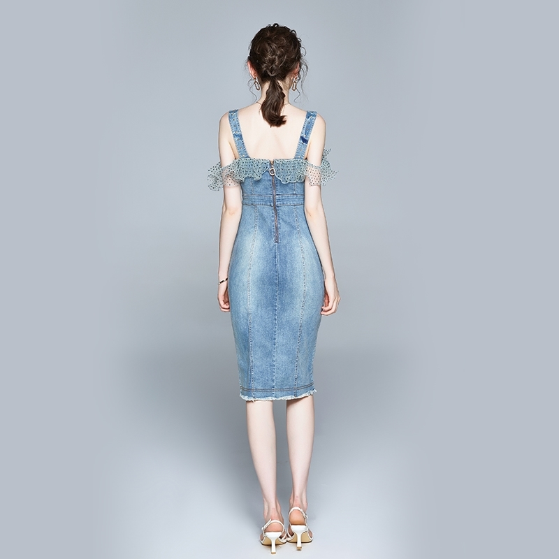 Fashion Women Summer Denim Dress Dot Mesh Patchwork Ruffle Jean es Sexy Strapless Vestidos 210520