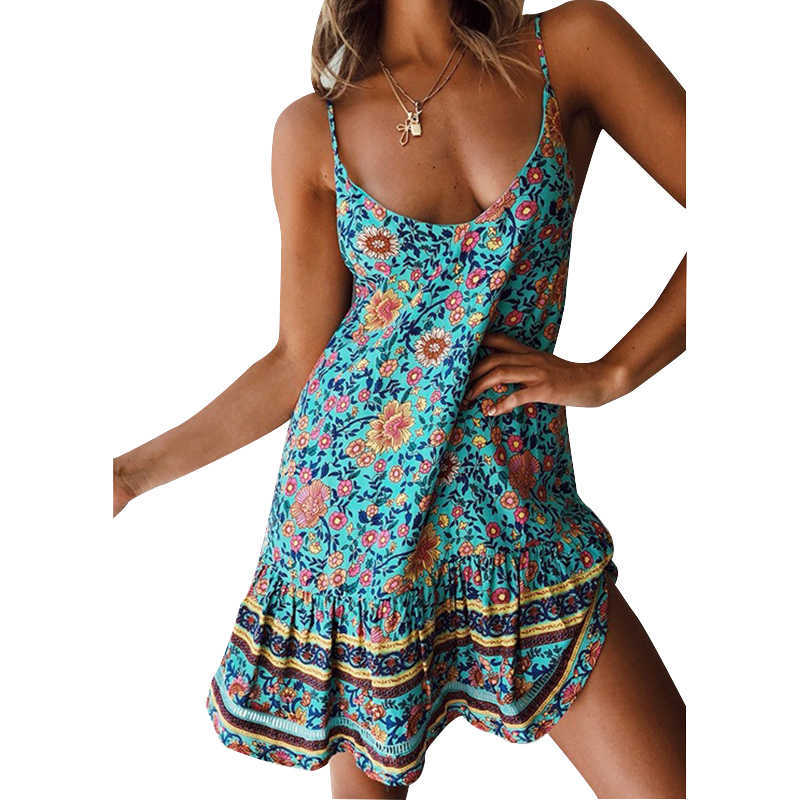 Summer Holiday Dress Floral Print Women Sexy Beach Dress Boho Party Mini Dress V-Neck Spaghetti Strap Femme Robe G1266 210630