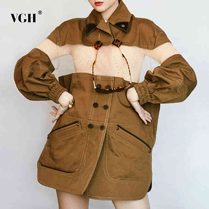 VGH Casual Hit Color Jacket For Women Lapel Long Sleeve Splicing Button Loose Jackets Female Fashion New Clothing Autumn 210421