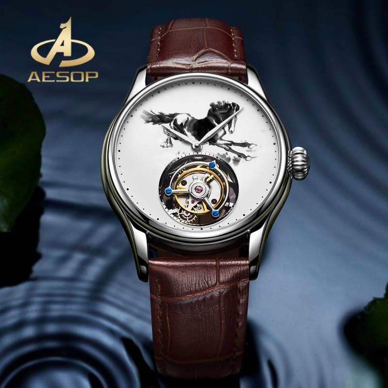 Wristwatches AESOP Genuine Leather Band Ink Painting Horse Dial Men Watch Real Tourbillon Mechanical Double-Sided Sapphire Glass, Gold
Wristwatches AESOP Genuine Leather Band Ink Painting Horse Dial Men Watch Real Tourbillon Mechanical Double-Sided Sapphire Glass, Gold