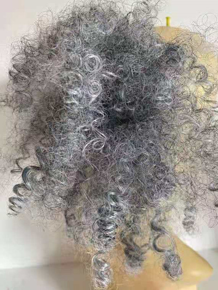 Elegant soft human hair silver /pearl grey mix frizzy afro scrunchine hairpiece ponytail extension drawstring clip in gray kinky curly bun updo 140g