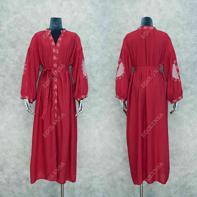 Red Bohemian Embroidered Front Open Summer Beach Dress Long Cotton Tunic Women Plus Size Beachwear Swimsuit Cover Up Q1010 210420