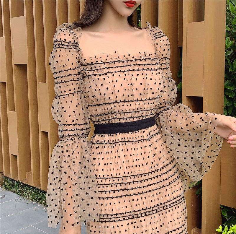 Women's Polka Dot Pleated Square Neck Flare Long Sleeve Dress Sexy Backless Runway Party Vestidos 210520