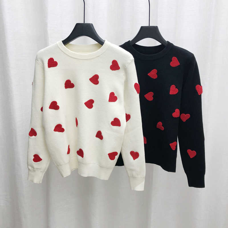 Spring Embroidery Heart Women Sweater O-Neck Kawaii Fashion Pullover Loose Jumper Long Sleeve Knitwear Female C-257 211007