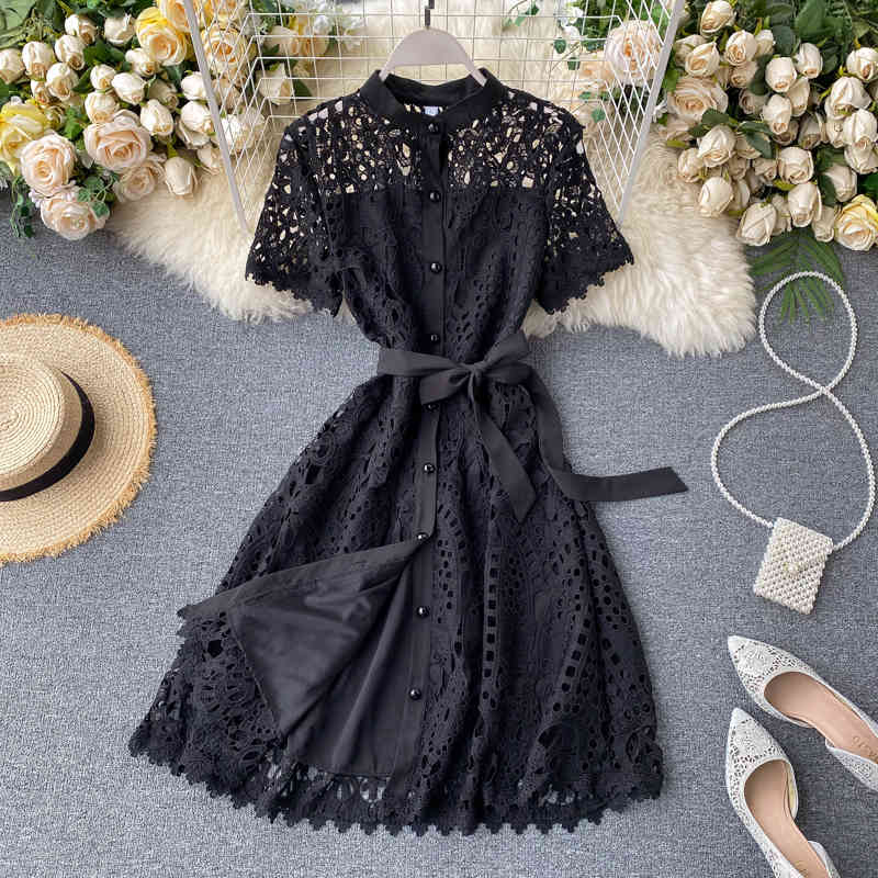 LoveFlowerLife Solid Lace Evening Party Dress Solid Bandage Hollow Out Sexy Fashion Women Dress Bow High Waist Summer Dresses 210521