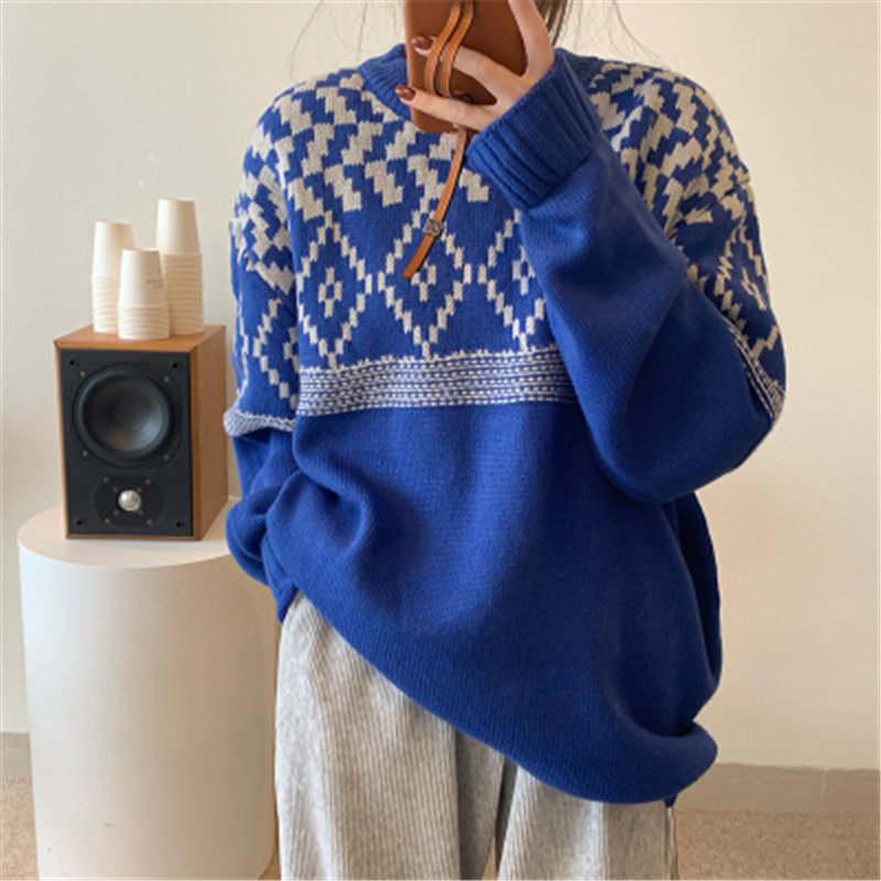 Blue Color-Hit Patchwork Chic Gentle Thicken Christmas Fashion Streetwear Outwear Knitted Vintage Sweaters 210421