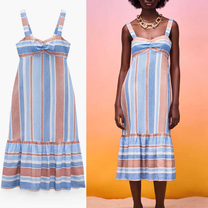 Za Striped Linen Long Summer Dress Women Sleeveless Straps Backless Ruching Dresses Chic Elastic Ruffle Hem Party Dress 210602, As picture
Za Striped Linen Long Summer Dress Women Sleeveless Straps Backless Ruching Dresses Chic Elastic Ruffle Hem Party Dress 210602, As picture
