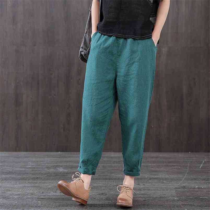 Arrival Summer Women Pants Plus Size Loose Thin cotton linen Ankle-length Elastic Waist Casual Harem D46 210512