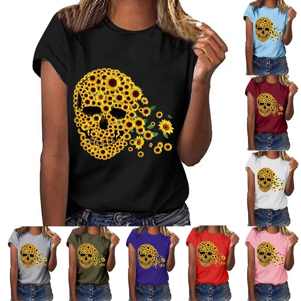 new creative skull head sunflower women's short sve pullover t-shirt round neck casual versatile loose t-shirt, White
new creative skull head sunflower women's short sve pullover t-shirt round neck casual versatile loose t-shirt, White