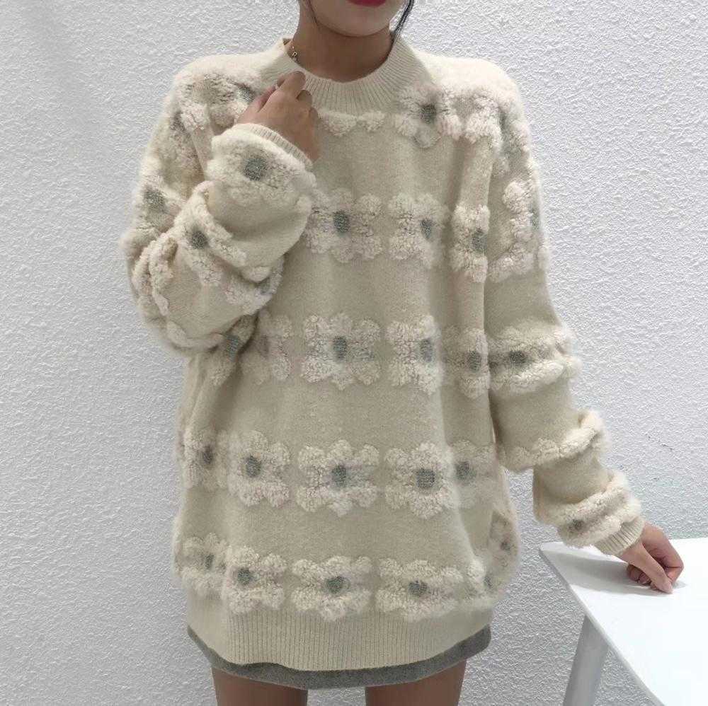 H.SA Korean Style Women Sweet Knit Jumpers Floral Patchwork Knit Pull Jumpers Oneck Cute Chic Pullovers Sweater Floral Jumpers 210716
