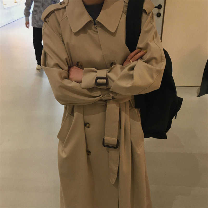 England Classic Long Trench Coat Belt Female Plus Fashion OL Overcoat Slim All Match Loose Slender Lady Windbreaker 210421