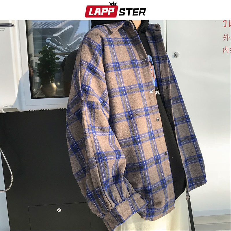 LAPPSTER Men Harajuku Color Block Plaid Shirt Mens Streetwear Thick Shirts Long Sleeve Male Vintage Korean Fashions Clothes 210410