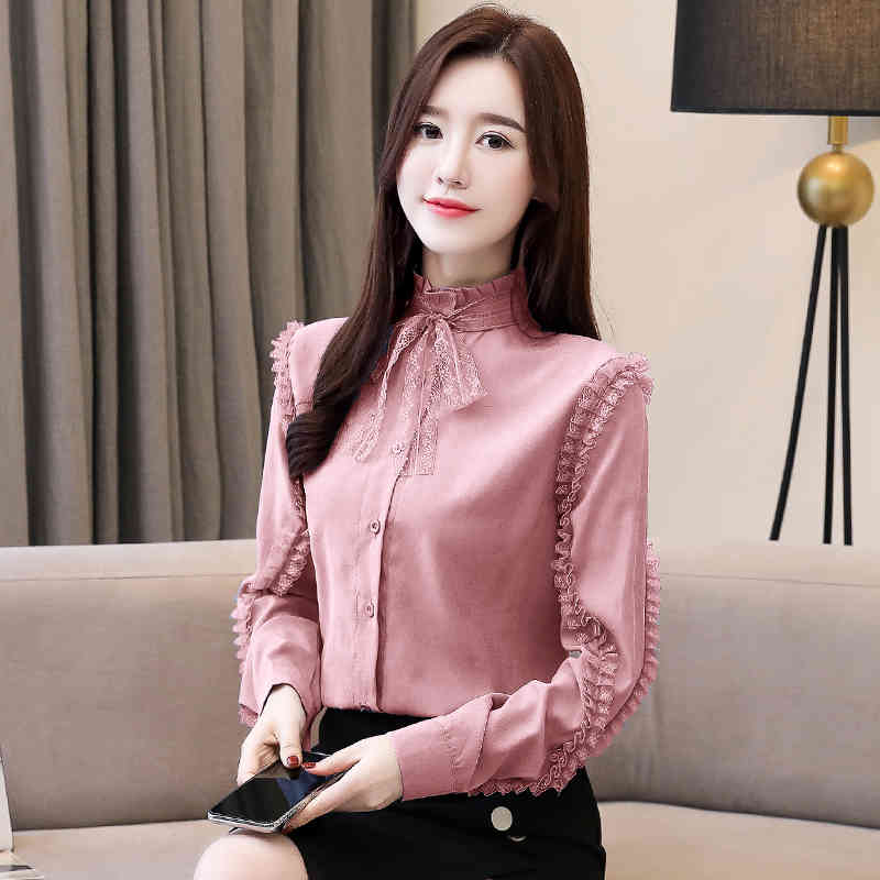 Long Sleeve Solid Blouse Women Shirt OL Casual Bow Collar Cardigan Clothes Blue Pink Camisas Mujer 6946 50 210508