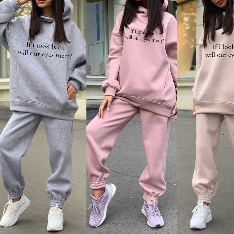 Letter Print Women's Set Oversize Fleece Two Piece Set Tracksuit Winter Female Hooded Long Sleeve Hoodie Pants Sportwear Suit 210709