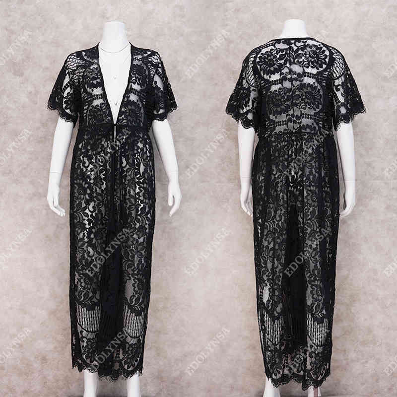 Tunics for beach Long Lace Beach Dress Women Swim Cover up Plus size Saida de Praia Robe Plage Kaftan #Q1021 210420