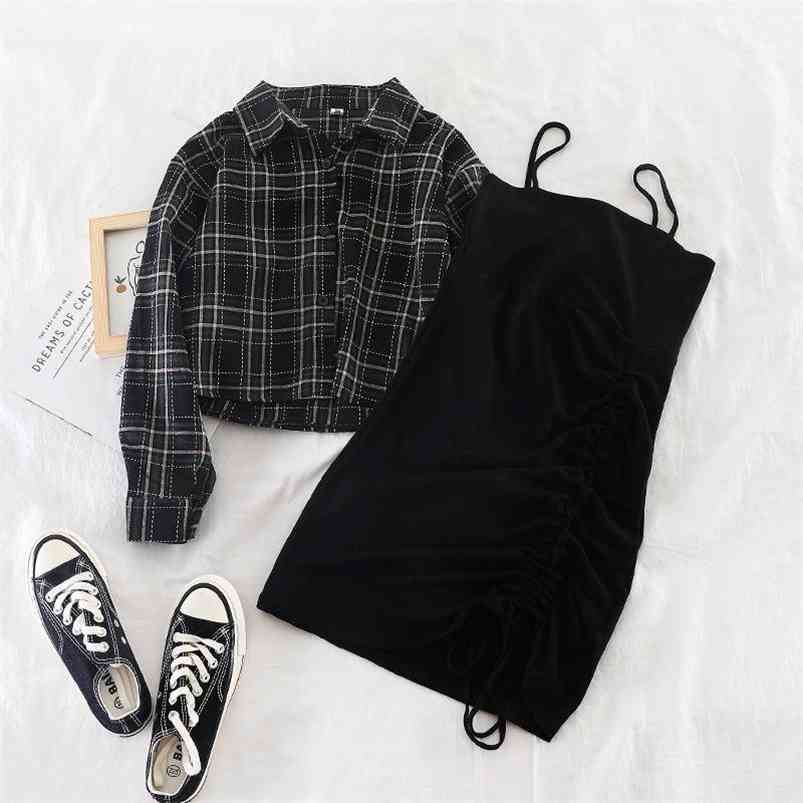 Ins female two-piece suit early autumn plaid short shirt jacket + solid suspender skirt dress 210722, Black
Ins female two-piece suit early autumn plaid short shirt jacket + solid suspender skirt dress 210722, Black