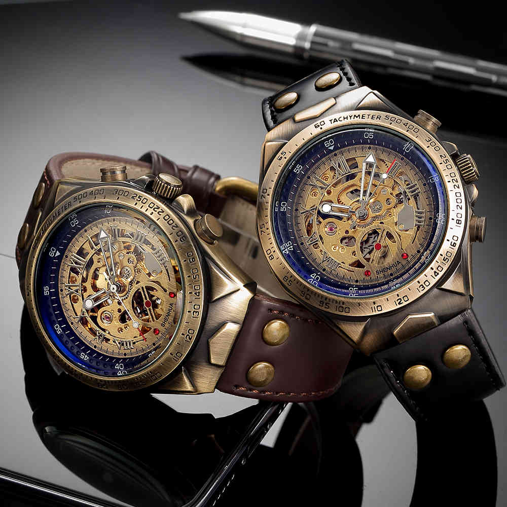 Leather Mechanical Watch Men Automatic Steampunk Watch Mens Skeleton Watches Bronze Transparent Vintage Sport Wristwatch Male 210407