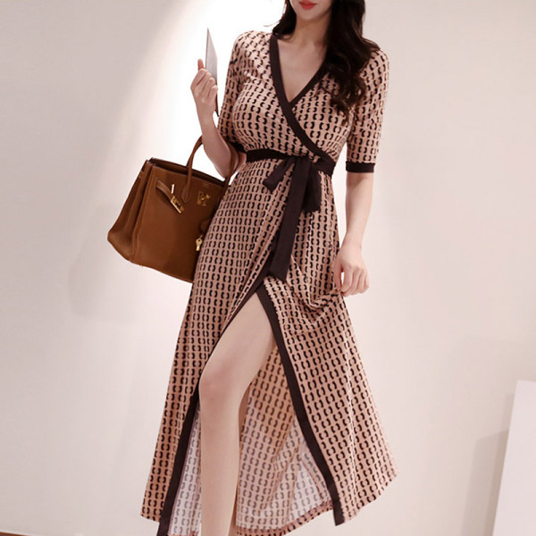 Summer Sexy V Neck Slim Retro Print Wrap Split Long Dress Party Office ladies High Waist Beach Maxi Dresses Femme Vestidos 210519