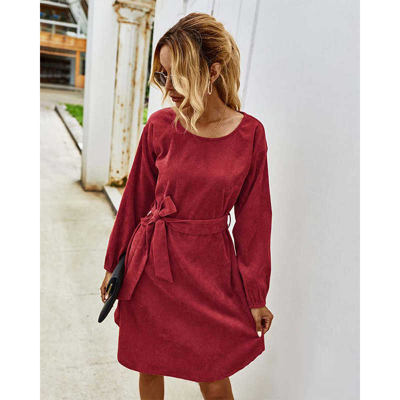 Elegant Corduroy Women Drees Solid Casual O-Neck Latern Sleeve Office Lady Dress With Belt W634 210526
