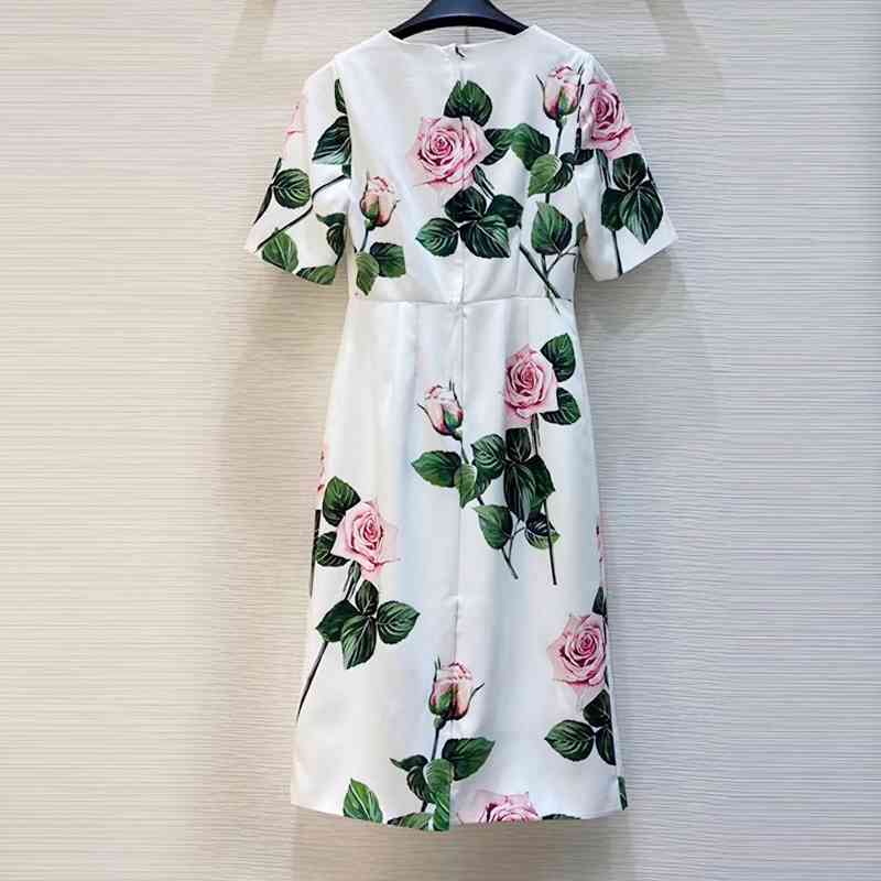 Runway Custom Summer Party Midi Dresses Women's Fashion ONeck Short Sleeve Rose Flower Print White Office Elegant Dress 210421