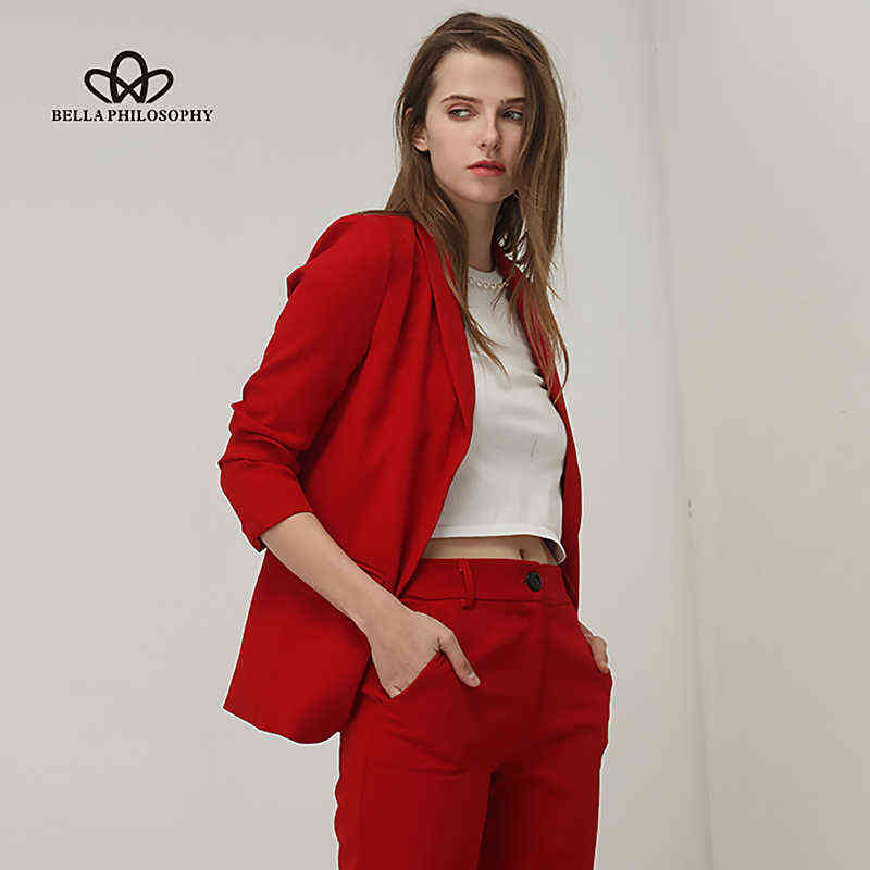 Bella Philosohy Spring Fashion Red Blazer Women OL Puff Sleeve Workwear Coat No Button Three Quarter Ladies Outwears 211122