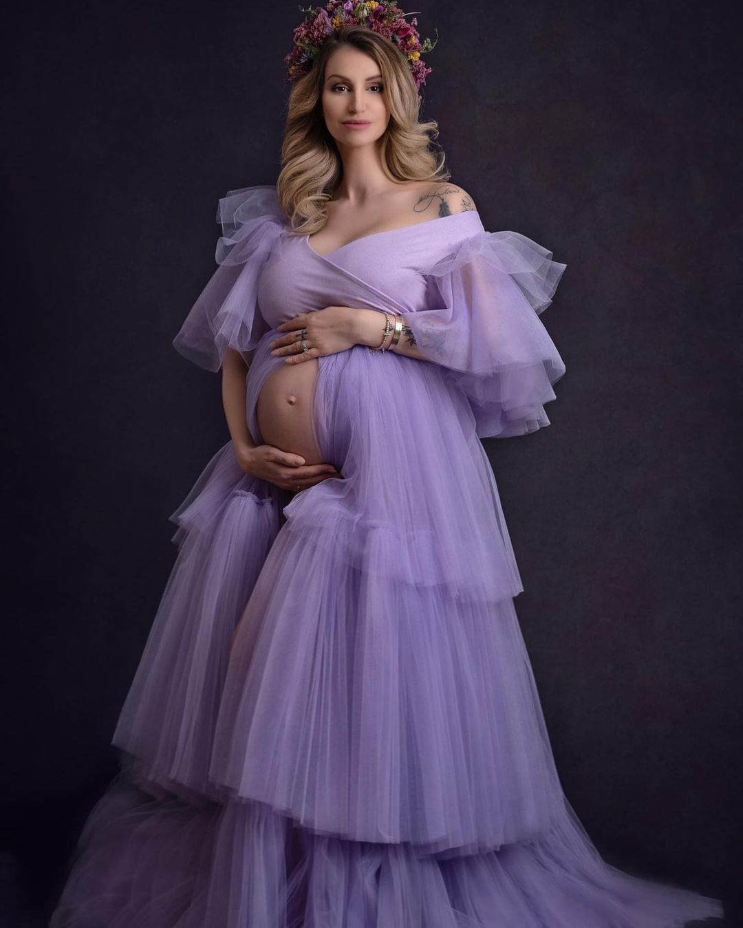 2021 peaceful Lavender Ruffle Plus Size Pregnant Ladies Sleepwear Dress V Neck Nightgowns For Photoshoot Lingerie Bathrobe Nightwear Baby Shower