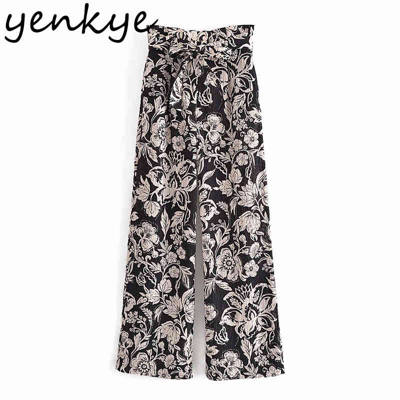 Spring Women Vintage Floral Print Pants Female Free Belt High Waist Casual Trousers pantalones de mujer 210430