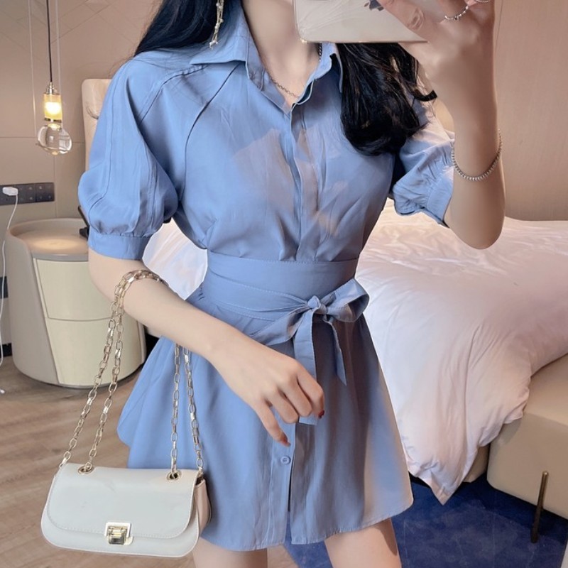 Korean Fashion Summer Two Piece Set Casual Women Short Sleeve Elegant Belt Long Shirt + Mini Shorts Suit 210518