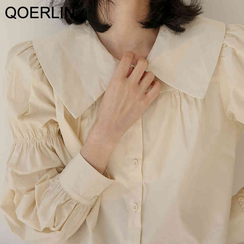 QOERLIN Square Collar Puff Sleeve Top Shirt Female Spring Long Sleeve Blouse Lantern Sleeve Solid Fashion SingleBreasted Tops 210412
