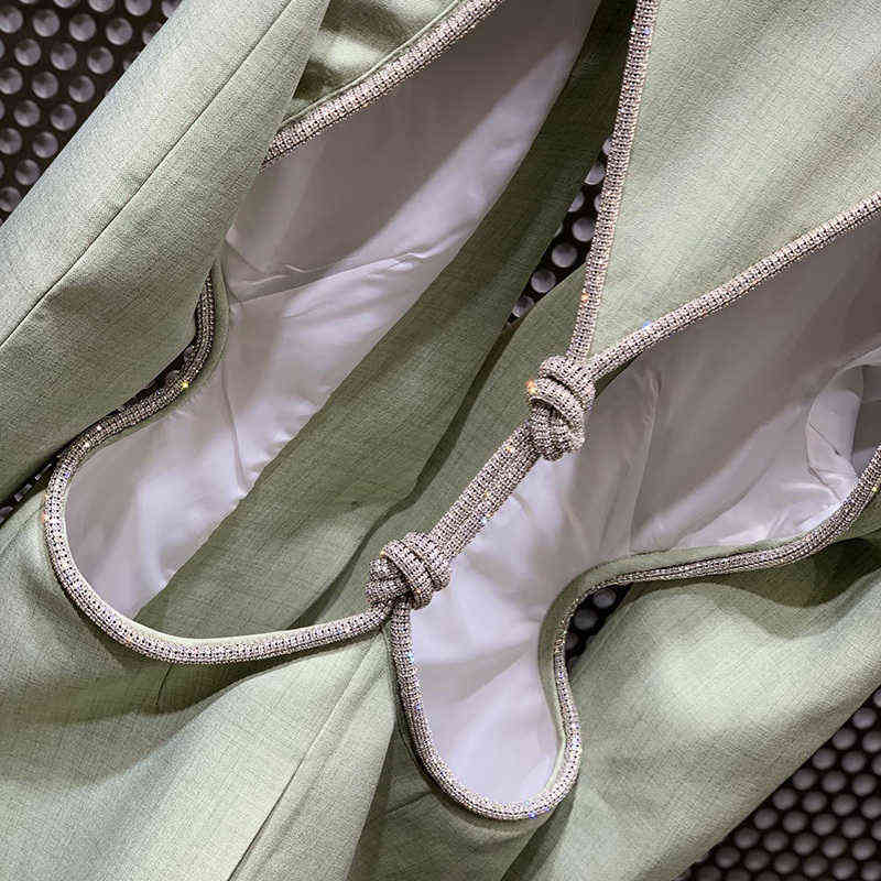 VGH Green Patchwork Diamond Blazer For Women Notched Long Sleeve Backless Hollow Out Casual Straight Blazers Female Fashion 211104