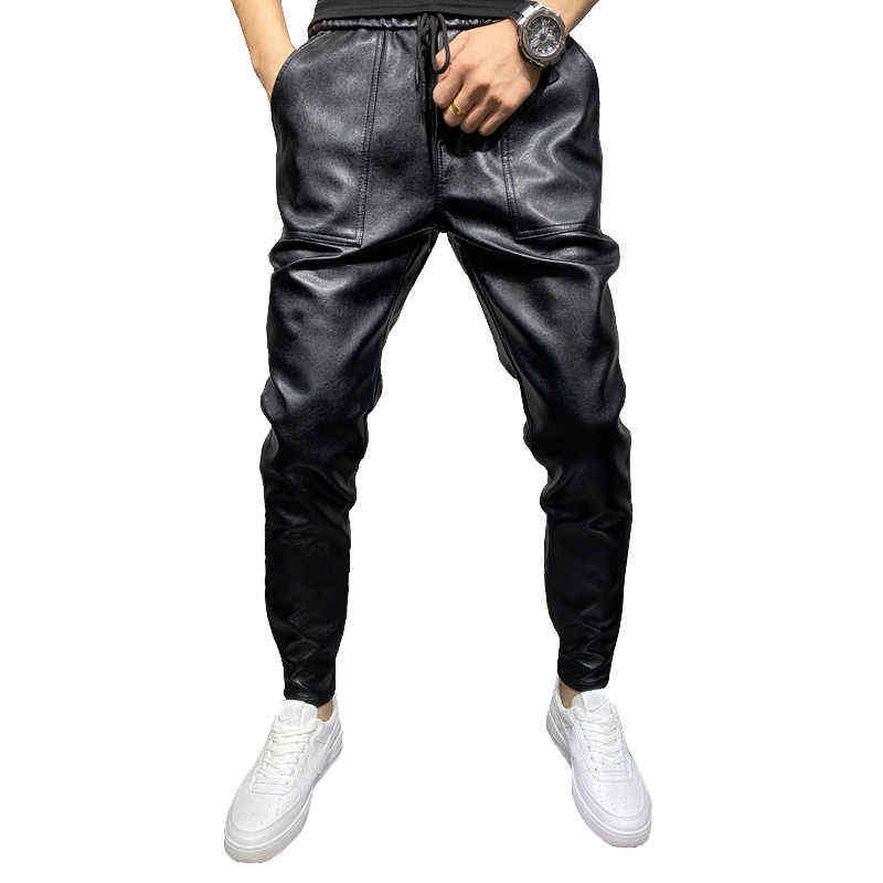 Winter Thick Warm PU Leather Pants Men Clothing Simple Big Pocket Windproof Casual Motorcycle Trousers Black Plus Size 211119